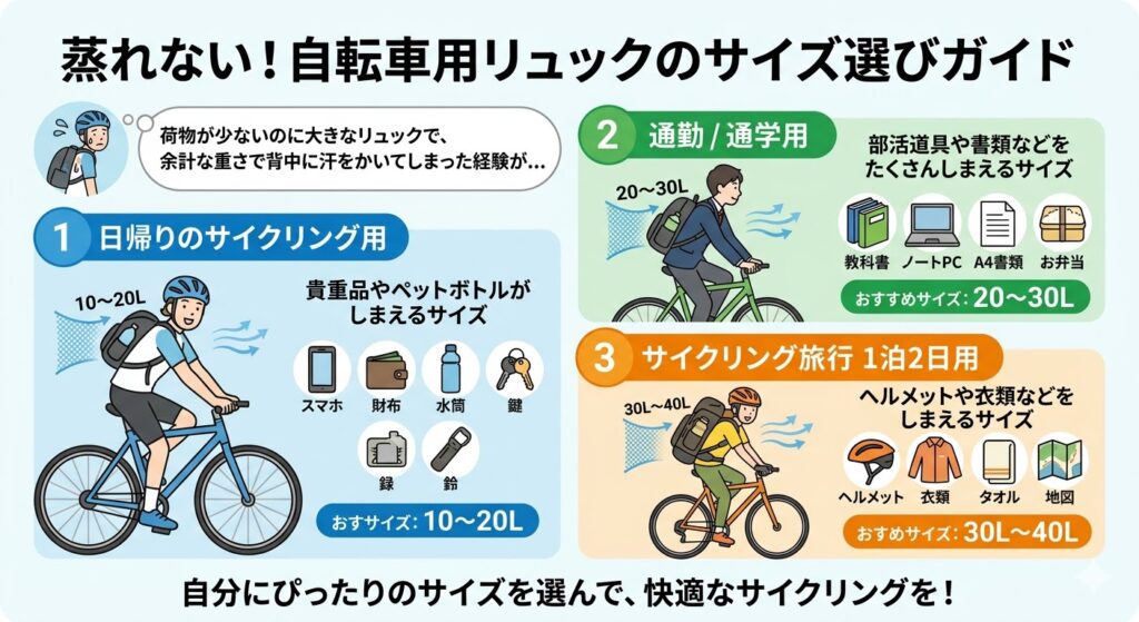 蒸れない自転車用リュックのサイズ選びガイド